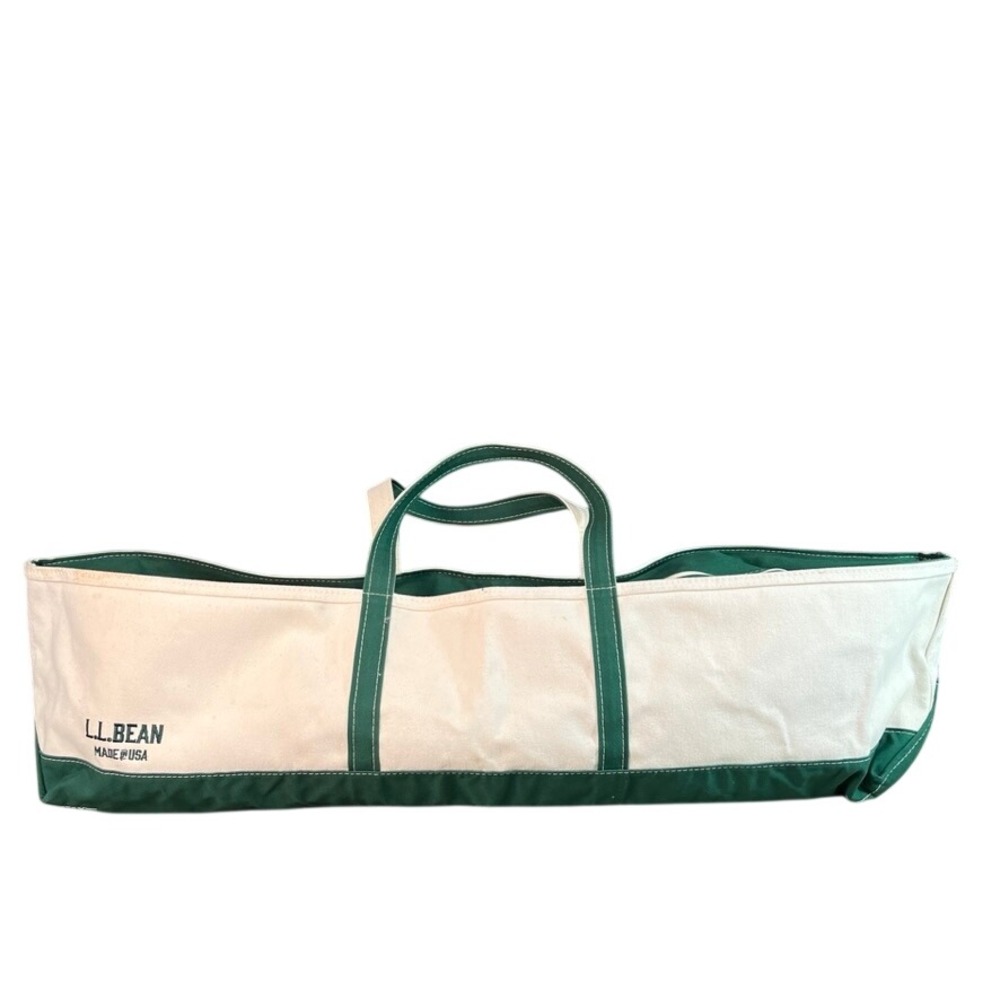LL Bean Boat and Tote Canvas Bag Green Cream Made in USA Extra Long Utility Tote